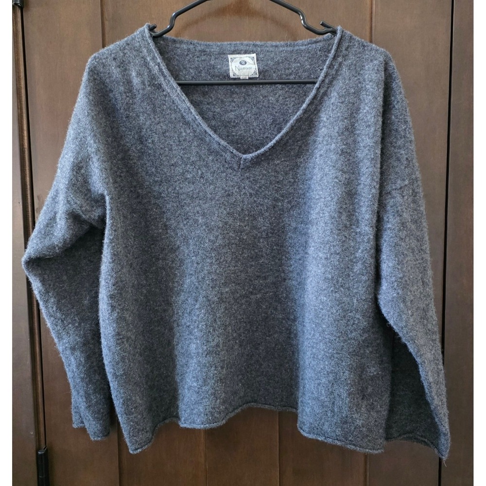 Namsar Womens Grey 100% Wool V-Neck Oversized Boxy Knit Pullover Sweater Sz S/M